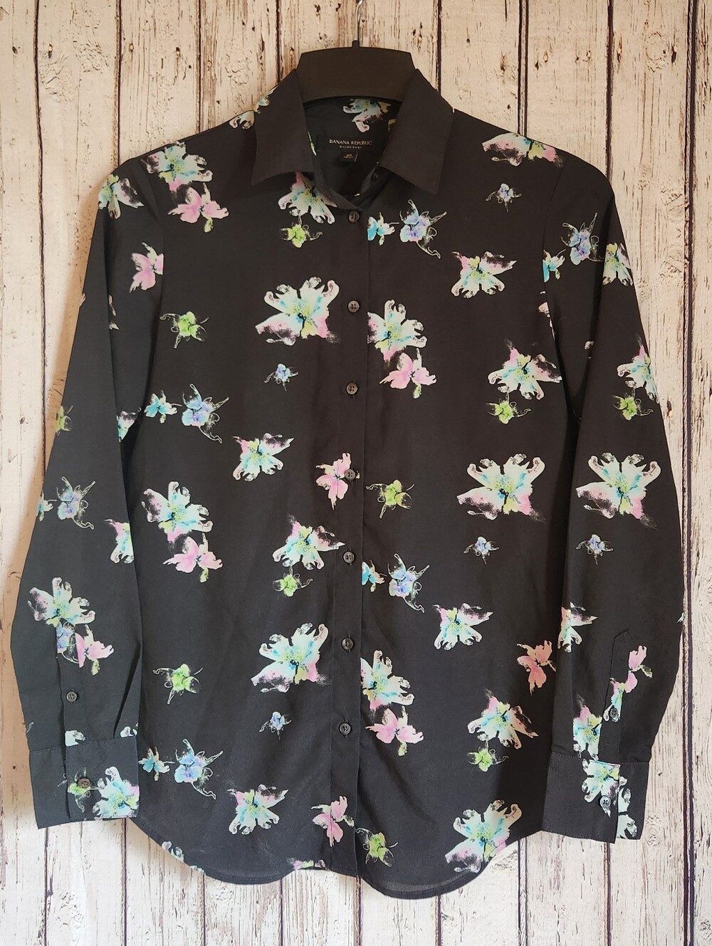 Banana Republic Dillon Shirt Womens XS Black Watercolor Button Front Blouse Top